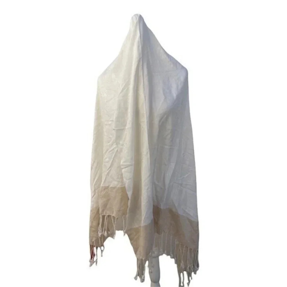 Textured Scarf Fringed Shawl Butterfly‎ Design Neutral Cream 70 x 36 inch​​ - Picture 6 of 6